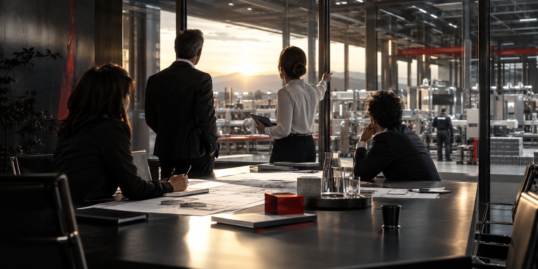 Team direzionale al lavoro tra pianificazione strategica e attività produttive