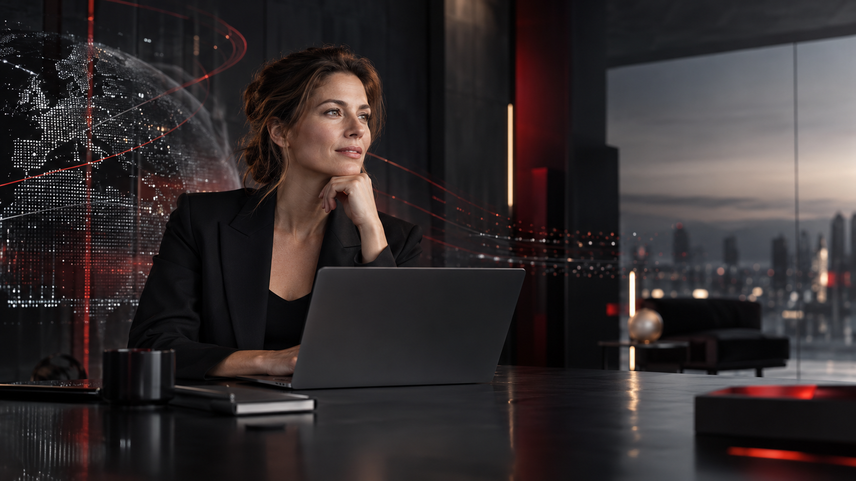 Professionista al centro di uno scenario di innovazione e intelligenza artificiale